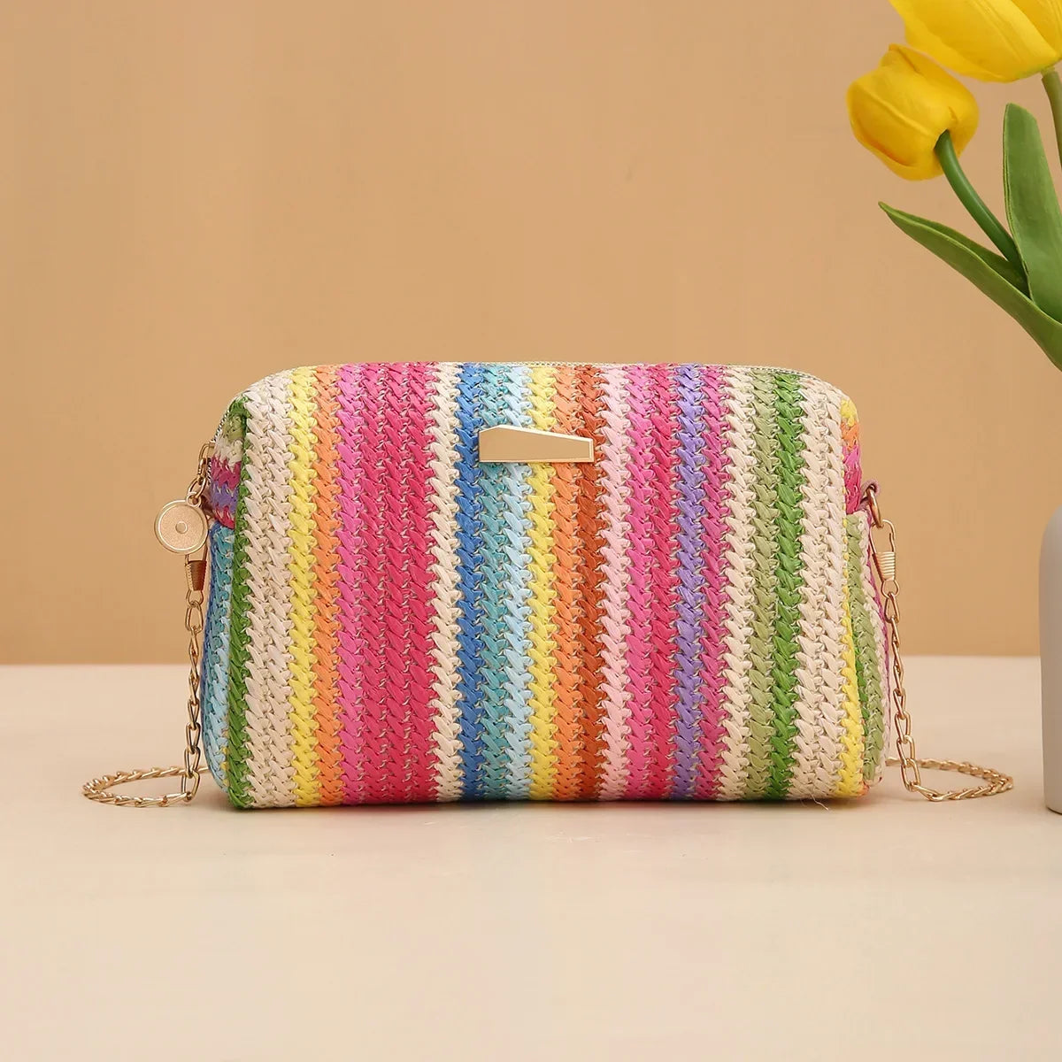 Straw Woven Crossbody Bag Women Summer Beach Chain Shoulder Purse