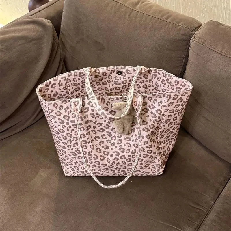 Leopard Print Canvas Tote Bag – Large Capacity Shoulder Bag for Women