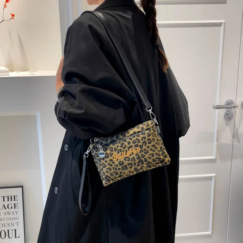 Leopard Print Crossbody Bag for Women with Wristlet & Chain Strap
