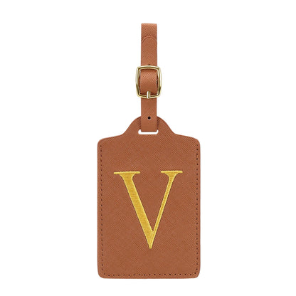 Personalized Initial Luggage Tag – Brown PU Leather Monogram Suitcase Label