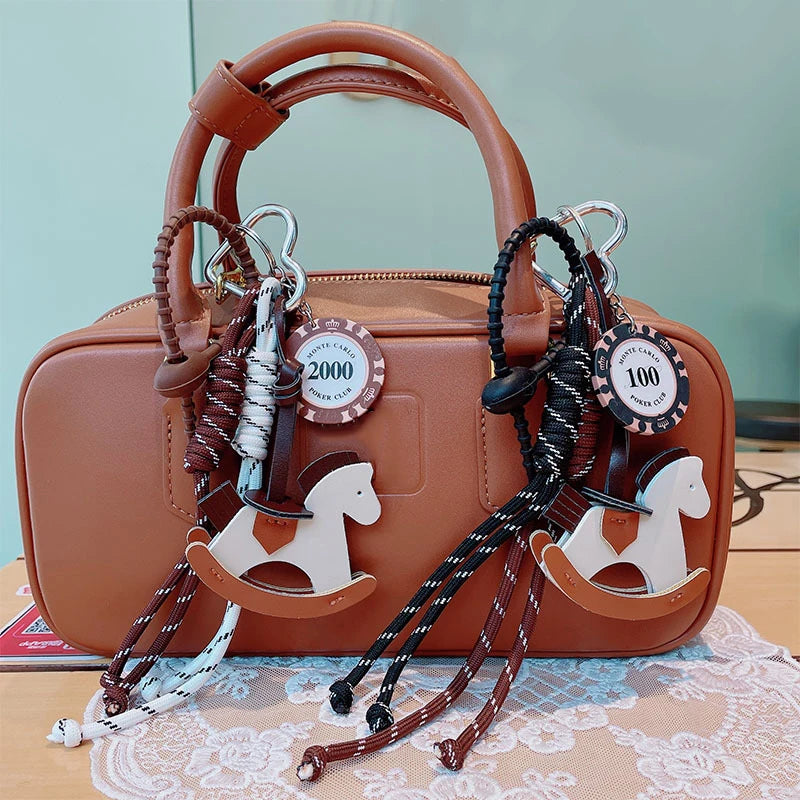 Leather Rocking Horse Bag Charm Keychain with Braided Rope & Poker Chip Pendant