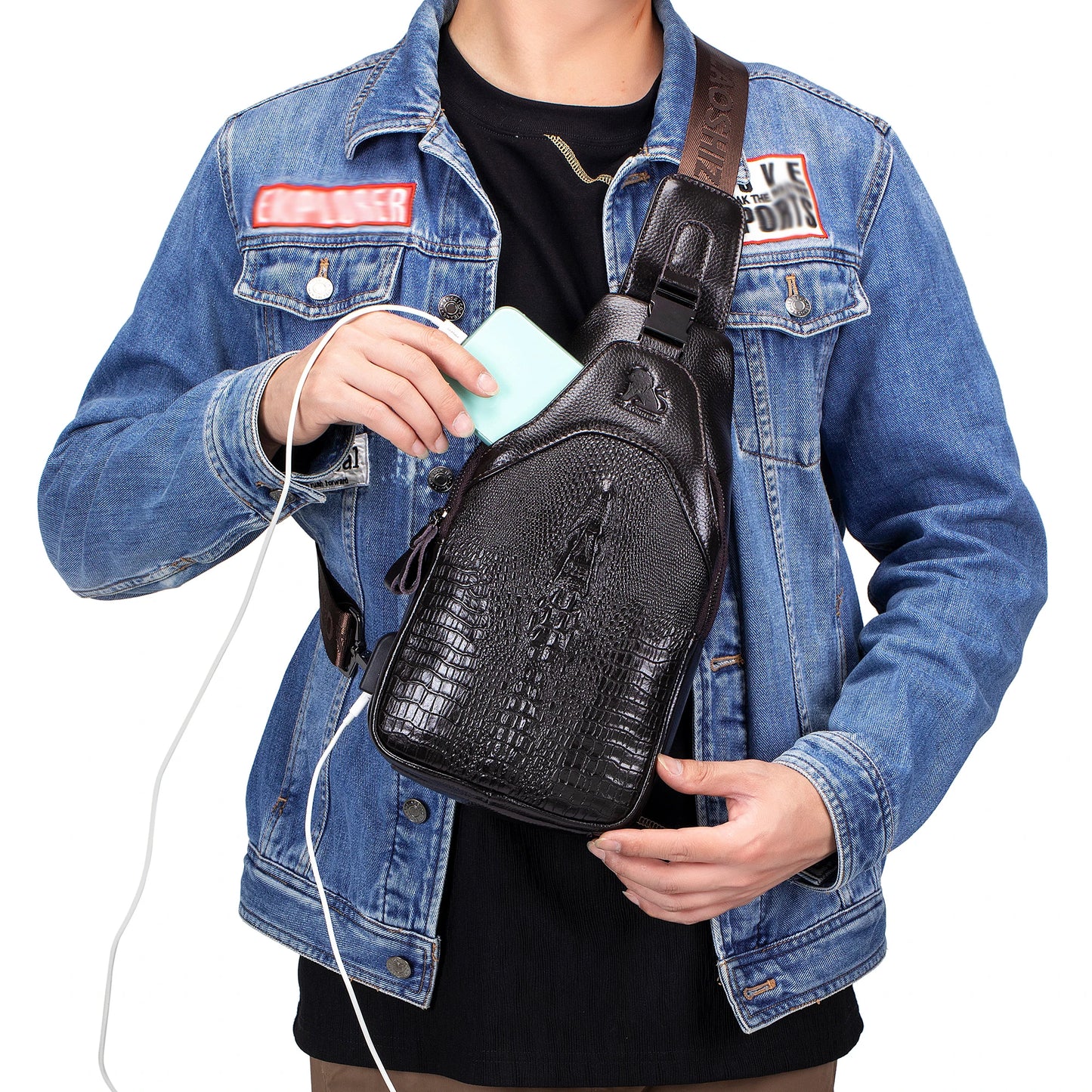 Men's Leather Chest Bag – Crocodile Pattern Sling with USB Charging
