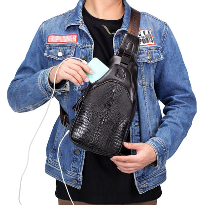 Men's Leather Chest Bag – Crocodile Pattern Sling with USB Charging
