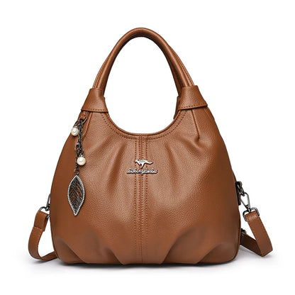 Lychee Leather Hobo Handbag – 3-Layer Shoulder & Crossbody Bag with Leaf Pendant