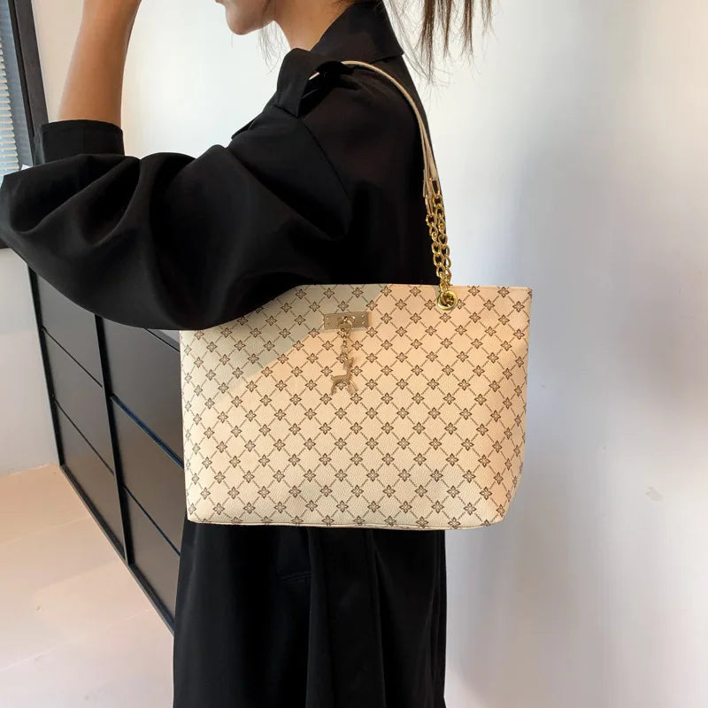 Monogram Print Large Tote Bag with Gold Chain Shoulder Strap