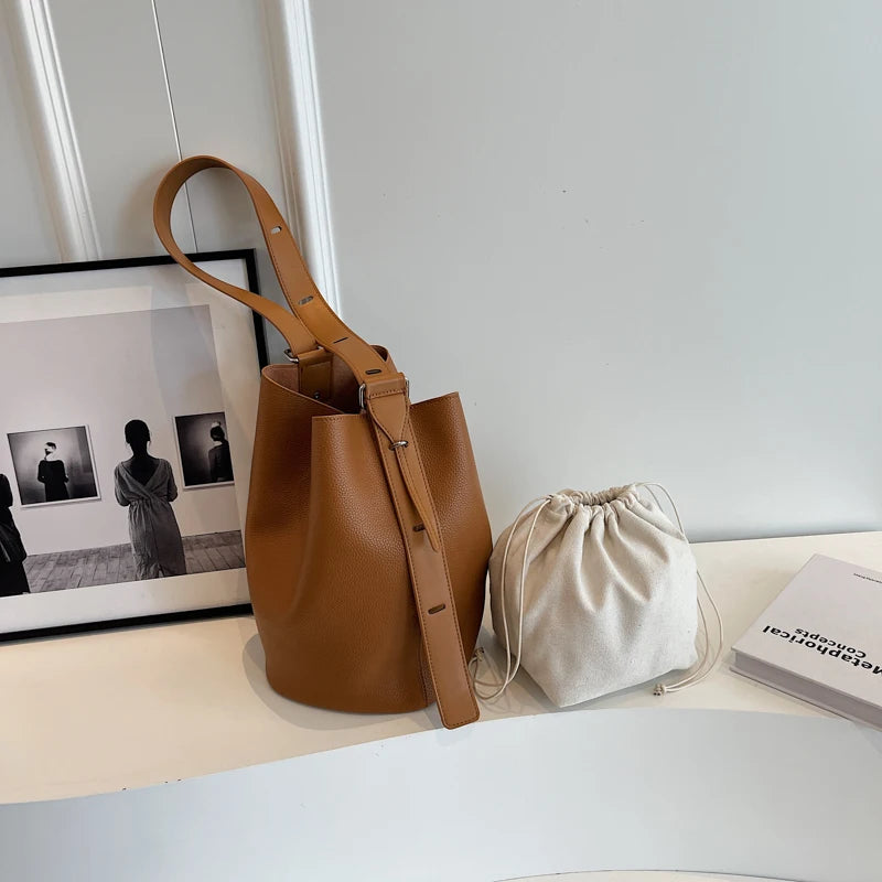 Moods Retro Shoulder Bucket Bag Sets Women 2-In-1 Solid Color Large Capacity Cross Body Shopper