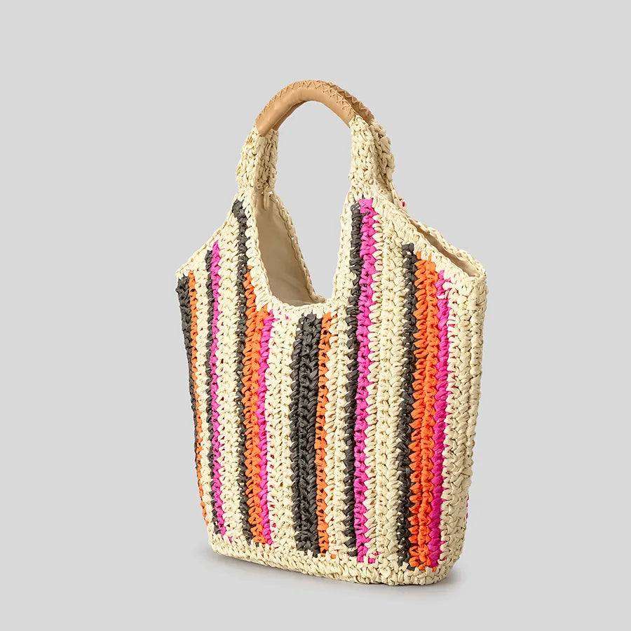Casual Striped Straw Tote Bag Paper Woven Women Handbags Handmade Summer Beach Large Capacity Bali
