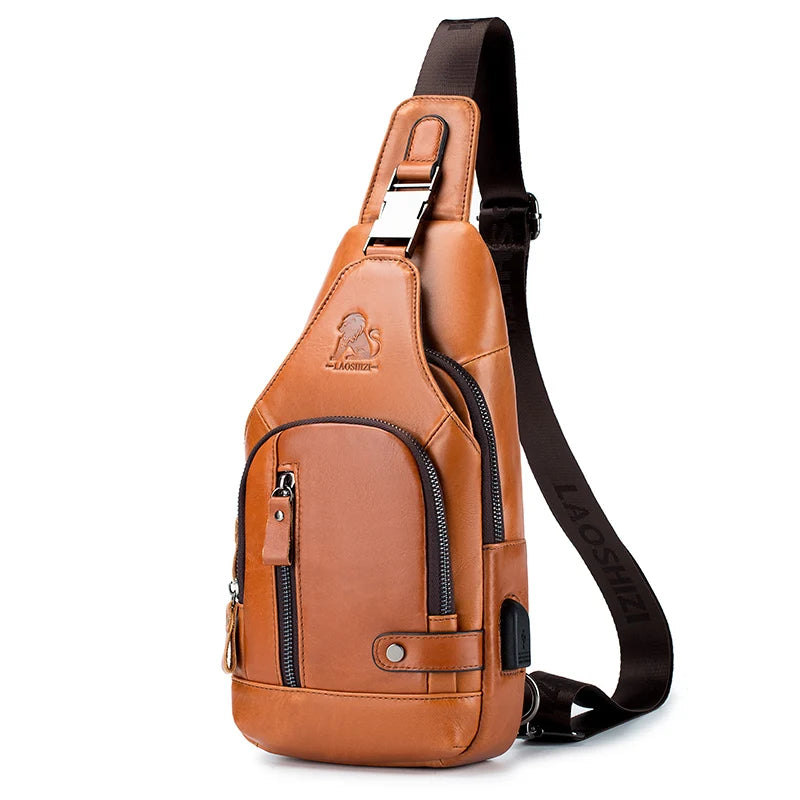 Men's Genuine Leather Sling Bag with USB Charging Port