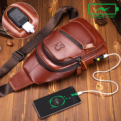 Men's Leather Chest Bag – Casual Crossbody Sling Bag with USB Port