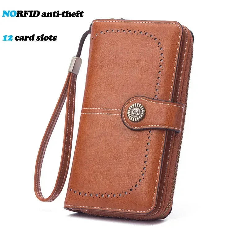 RFID Blocking Women's Leather Wallet – Large Zipper Clutch with 23 Card Slots