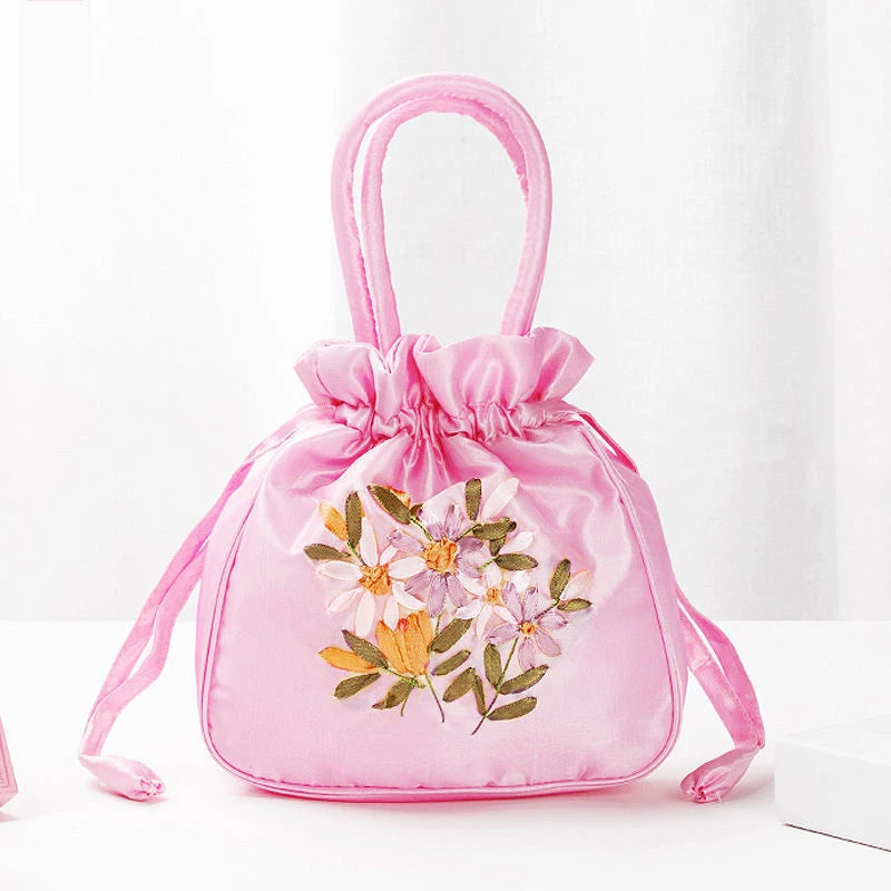 Embroidered Drawstring Handbag – Floral Satin Bucket Bag