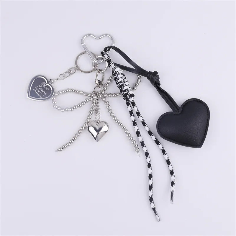 Heart Bow Keychain with Beaded Chain & Leather Pendant