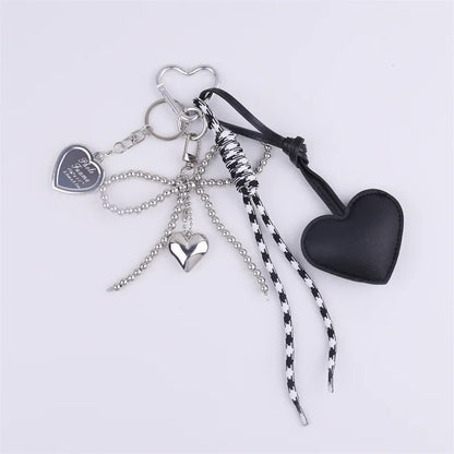 Heart Bow Keychain with Beaded Chain & Leather Pendant