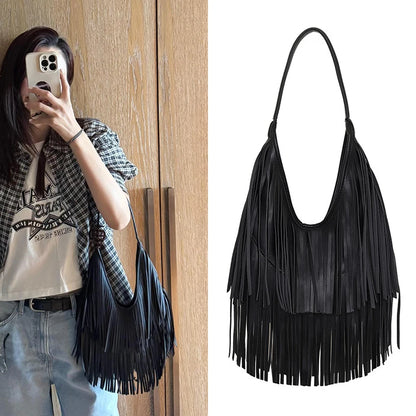 Boho Fringe Leather Hobo Shoulder Bag for Women