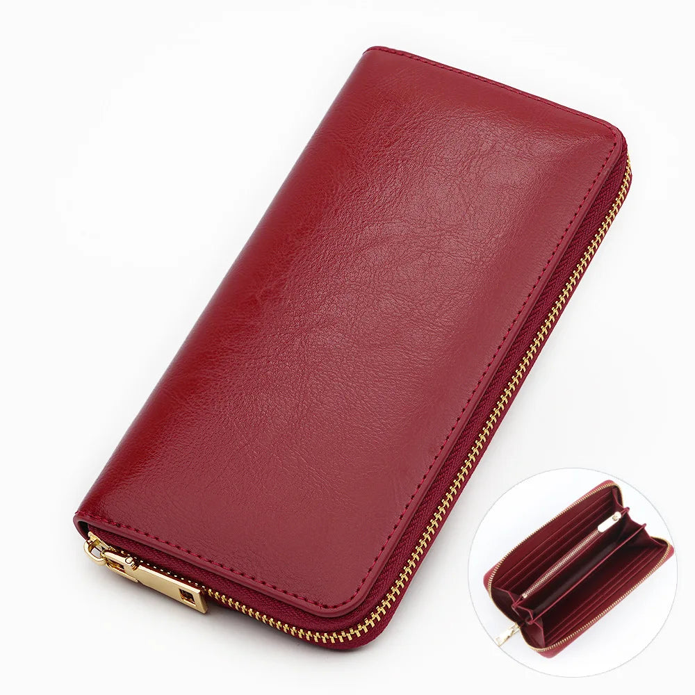 Women's Waxed Cowhide Long Zip-Around Clutch Wallet