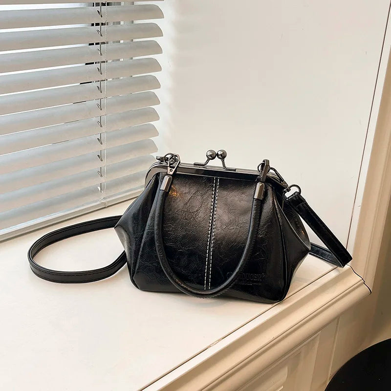Moods Retro Style Top-Handle Bags Women Kiss Lock Pure Color Pu Leather Shoulder Crossbody Bag