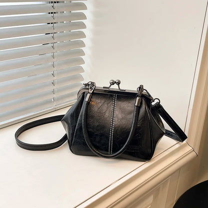 Moods Retro Style Top-Handle Bags Women Kiss Lock Pure Color Pu Leather Shoulder Crossbody Bag
