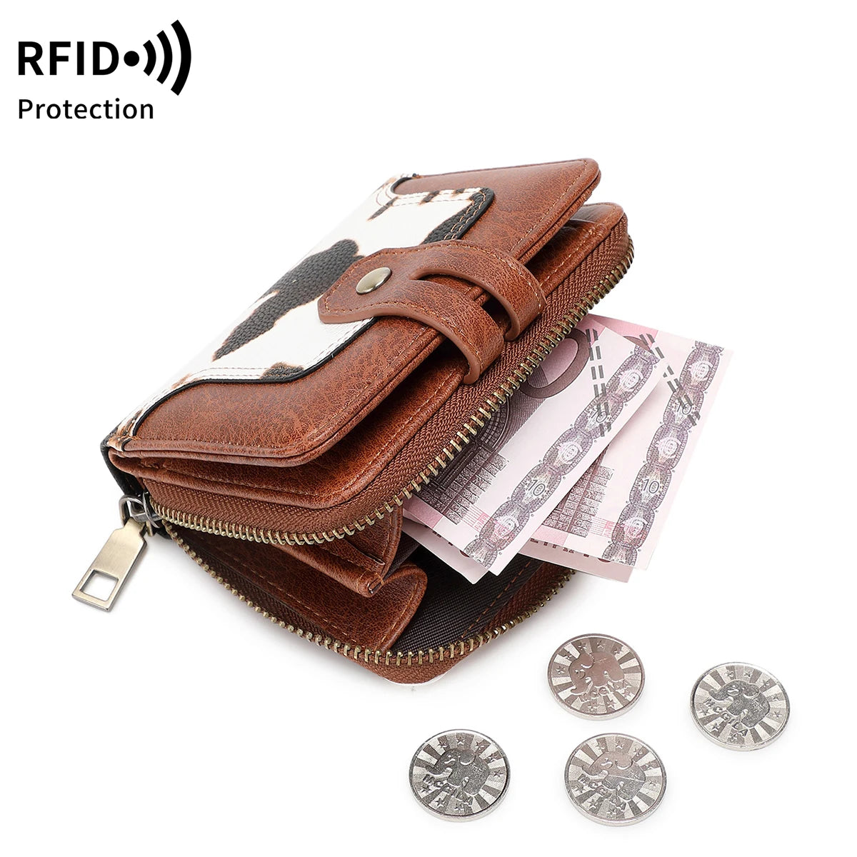 RFID Retro Animal Print Short Wallet for Women – Zipper Coin Purse with Key Chain