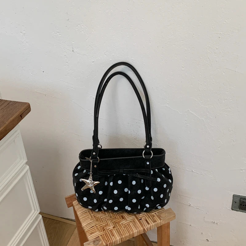 Polka Dot Ruched Hobo Bag – Large Shoulder Bag with Star Charm