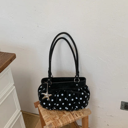 Polka Dot Ruched Hobo Bag – Large Shoulder Bag with Star Charm