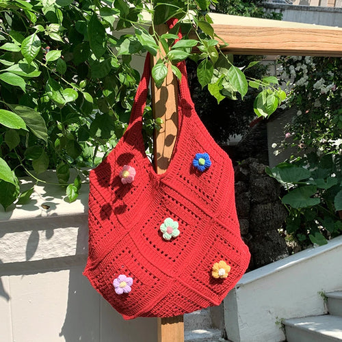 Knitted Flower Tote Bag – Large Capacity Women Shoulder Bag