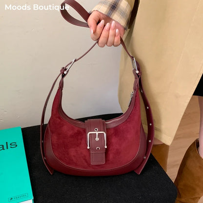 Moods Belt Buckle Design Crossbody Bags Women Pu Suede Commute Underarm Shoulder Hobo Bag Designer