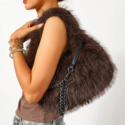 Fluffy Plush Shoulder Bag - Luxury Metal Chain Handbag for Women