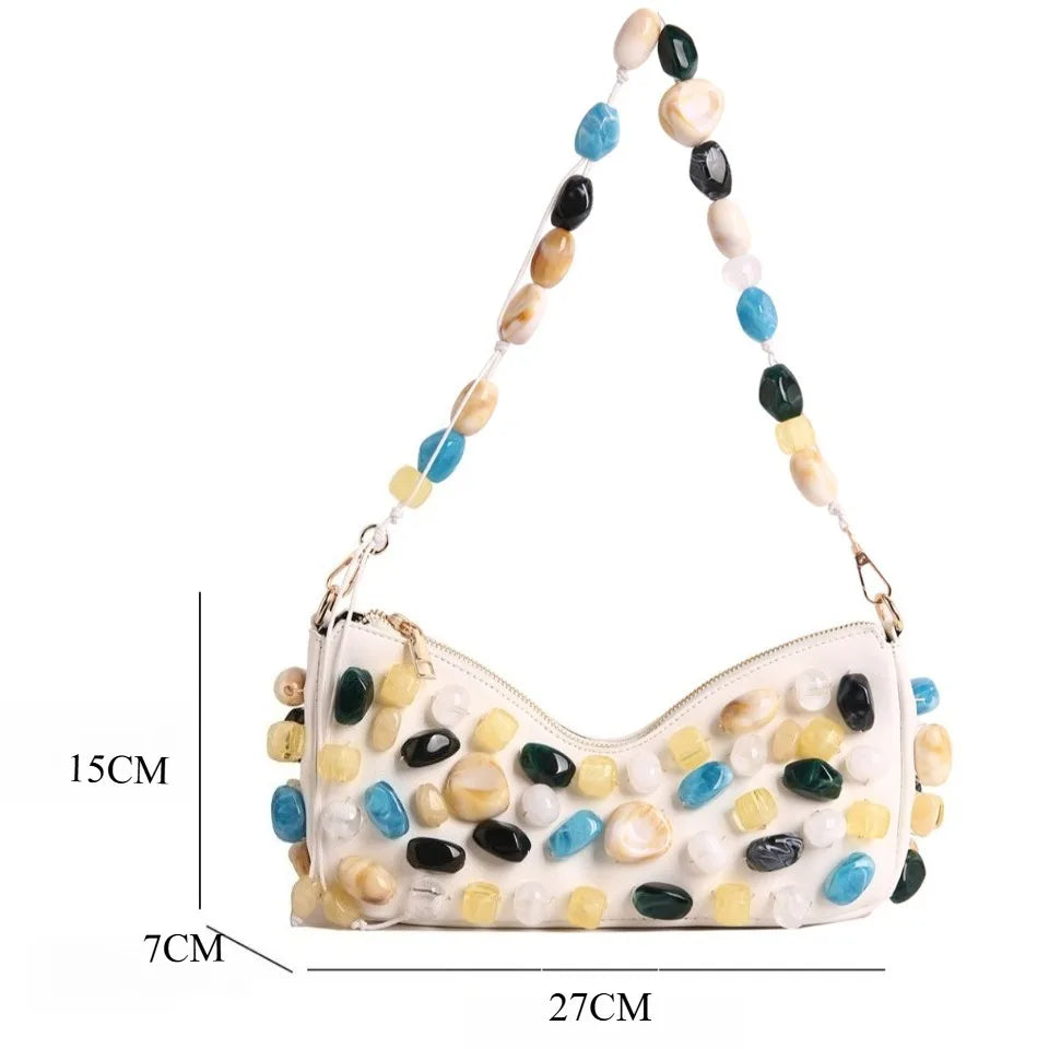 Stone-Embellished Evening Clutch Bag for Women – Baguette Shoulder Handbag
