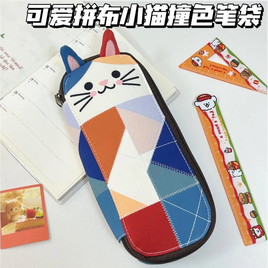 Cat Patchwork Coin Purse – Kawaii Zipper Pouch & Pen Bag