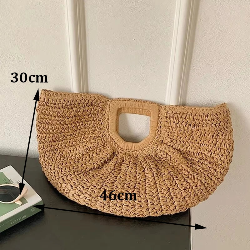 Handmade Straw Woven Round Beach Tote Bag