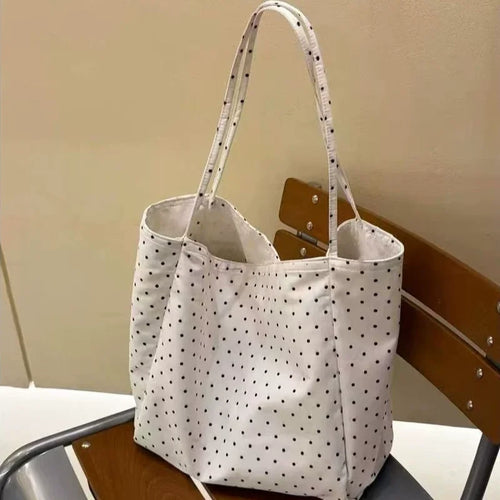 Polka Dot Canvas Tote Bag – Large Lightweight Korean Style Shoulder Bag