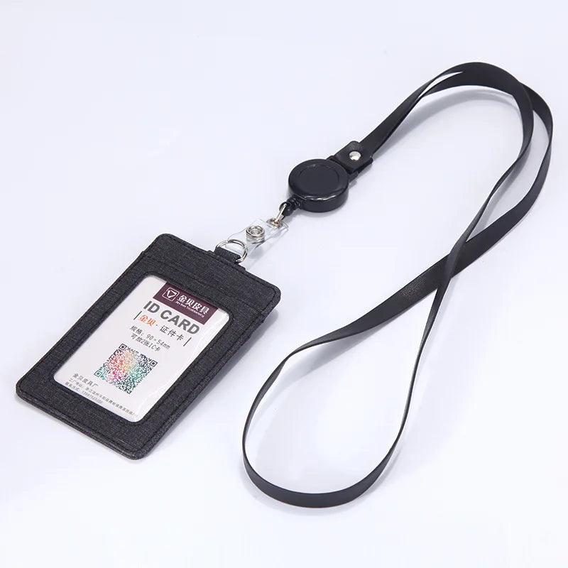 Leather ID Badge Holder with Retractable Lanyard – Card Case
