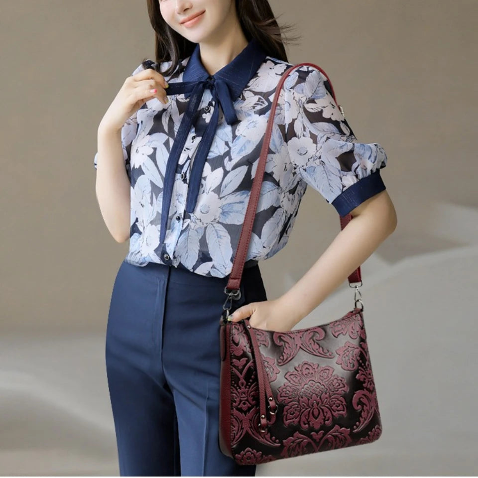Retro Floral Embossed PU Leather Crossbody Bag for Women