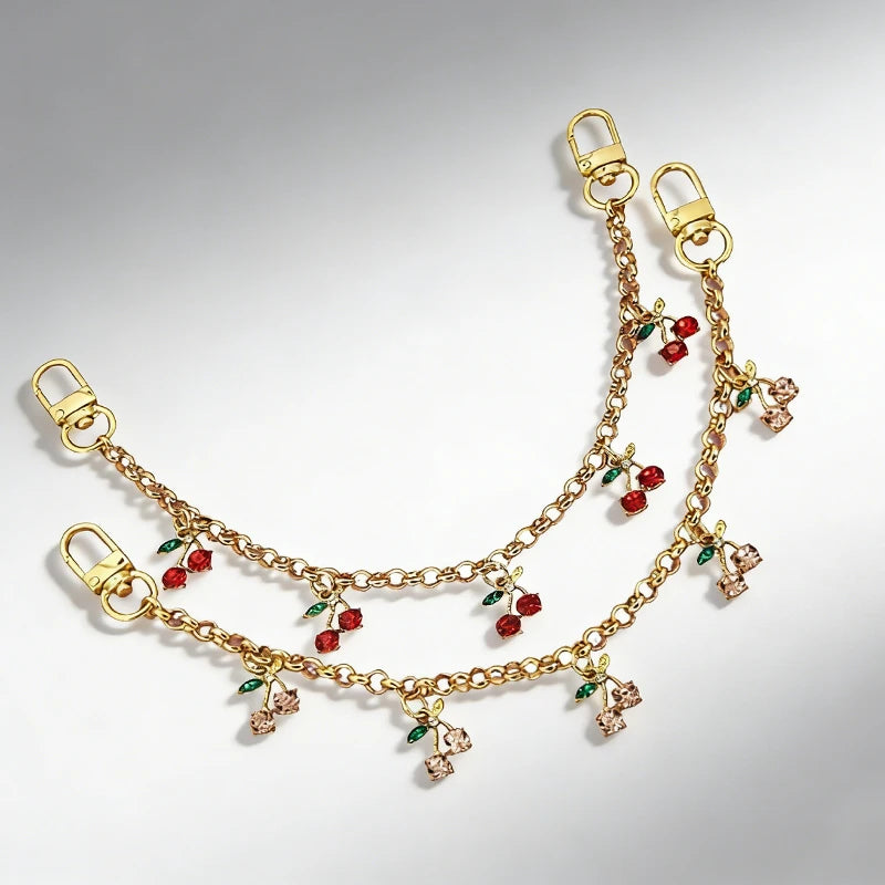 Crystal Cherry Bag Charm Chain with Dual Gold Clips