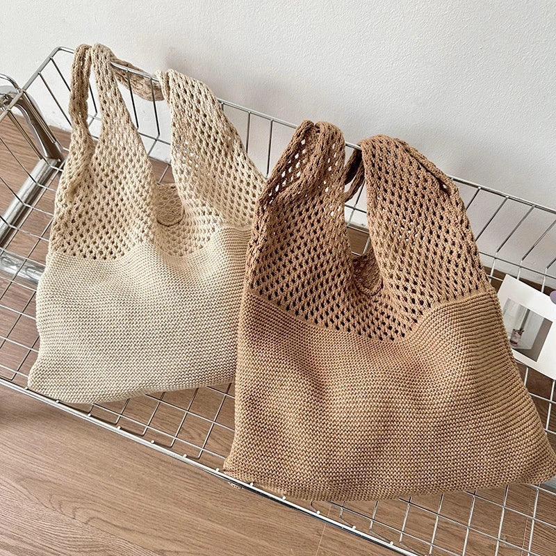 Hollow Knit Shoulder Tote Bag for Women – Large Capacity