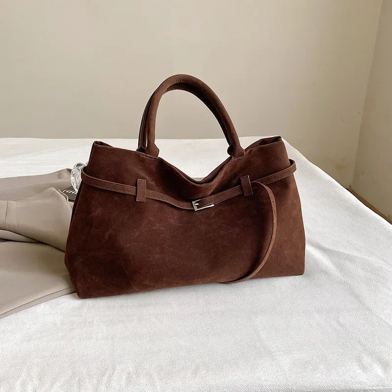 Faux Suede Tote Bag Large Capacity Buckle Handbag for Women