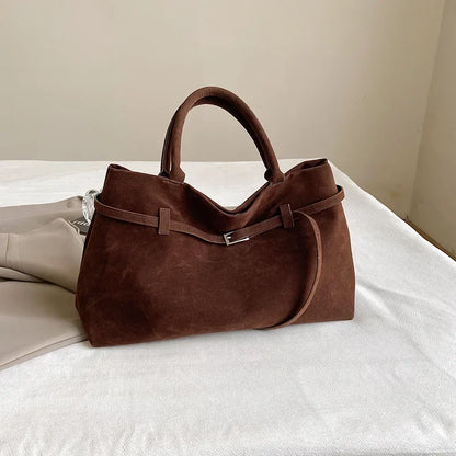 Faux Suede Tote Bag Large Capacity Buckle Handbag for Women