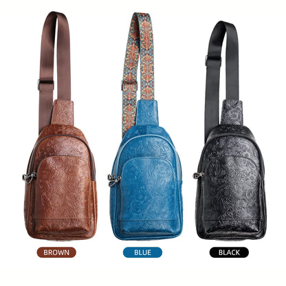 Genuine Leather Chest Bag – Luxury Floral Embossed Sling Backpack for Men