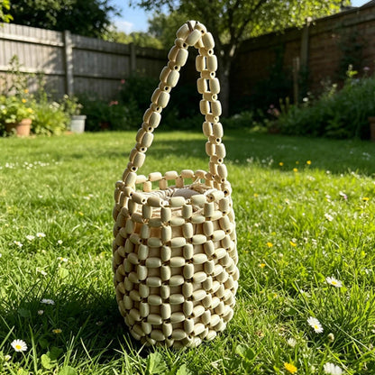 Handmade Wooden Bead Woven Bucket Bag – Mini Hollow Handbag for Women