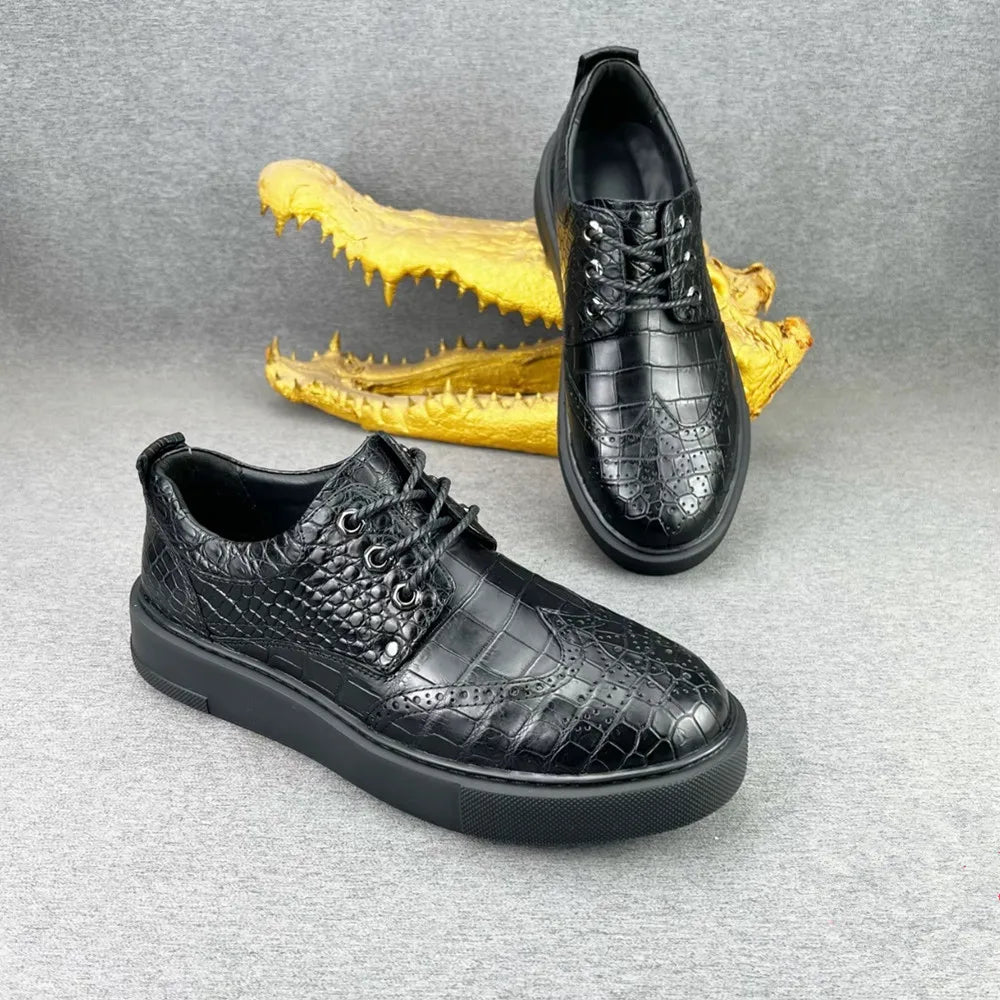 Crocodile Leather Oxford Sneakers for Men – Black Lace-Up