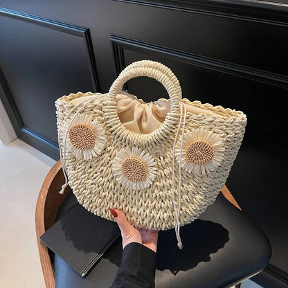 Straw Woven Tote Bag for Women – Large Drawstring Beach Bag