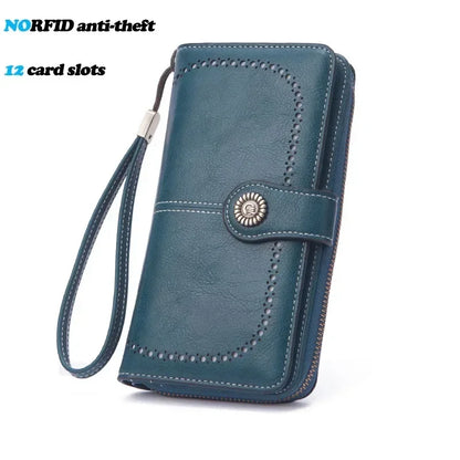 RFID Blocking Women's Leather Wallet – Large Zipper Clutch with 23 Card Slots