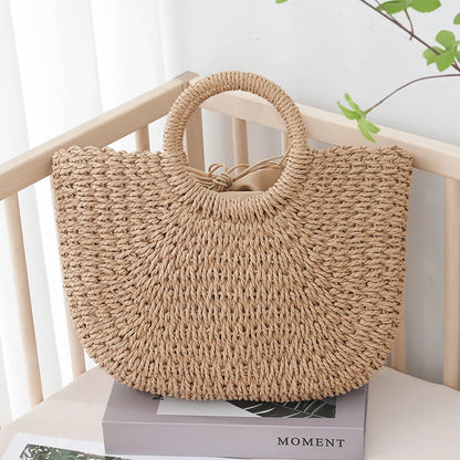 Large Half-Moon Straw Bag – Handmade Women Beach Basket Handbag