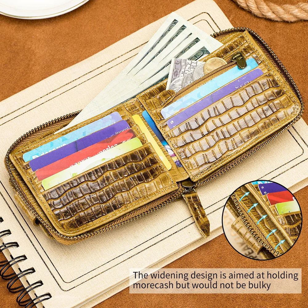 Men's Leather Wallet – Crocodile Pattern Zip-Around with Card Slots