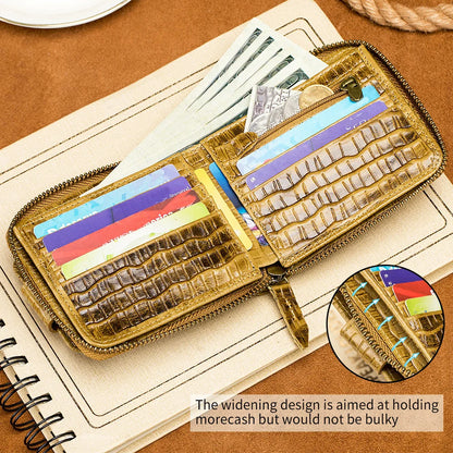 Men's Leather Wallet – Crocodile Pattern Zip-Around with Card Slots