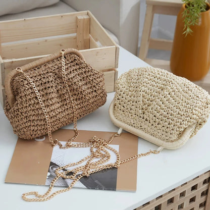 Straw Woven Pillow Clutch Bag – Gold Chain Shoulder Bag Women