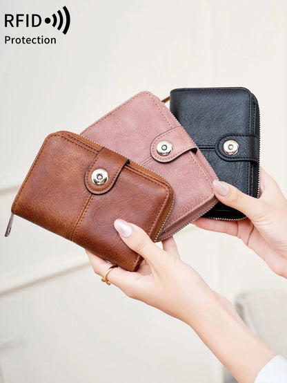 Women's RFID Blocking Short Wallet – Vintage Zipper Coin Purse & Card Holder