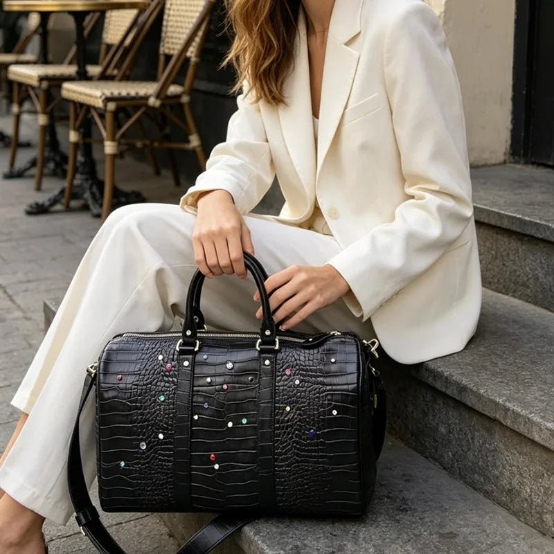 Crocodile Pattern Travel Handbag with Diamond Embellishments