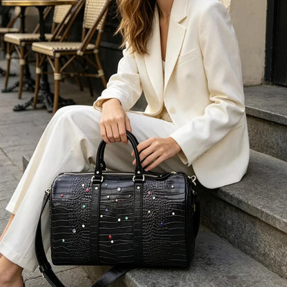 Crocodile Pattern Travel Handbag with Diamond Embellishments
