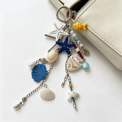 Beach Ocean Keychain Bag Charm with Shell Starfish & Fish Pendants